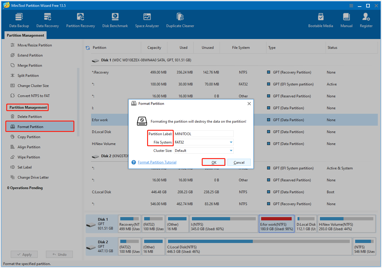 The MiniTool Partition Wizard interface with the Format Partition button selected, showing a formatting window.