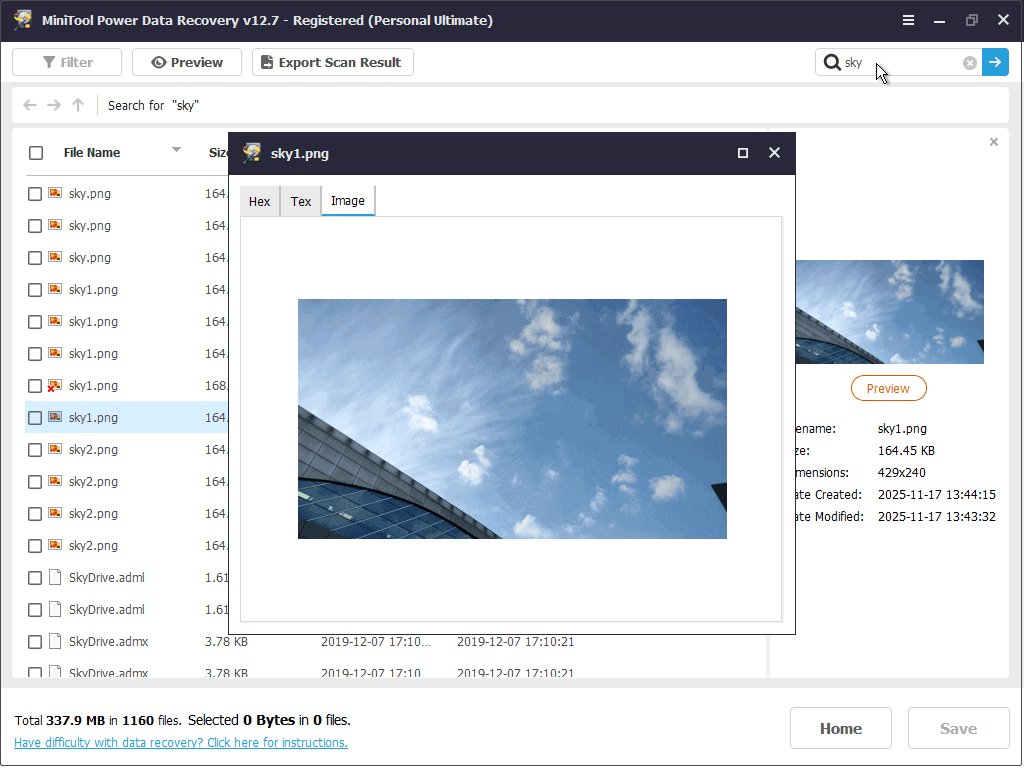 The MiniTool Power Data Recovery interface showing a thumbnail of blue sky embedded in the preview window.