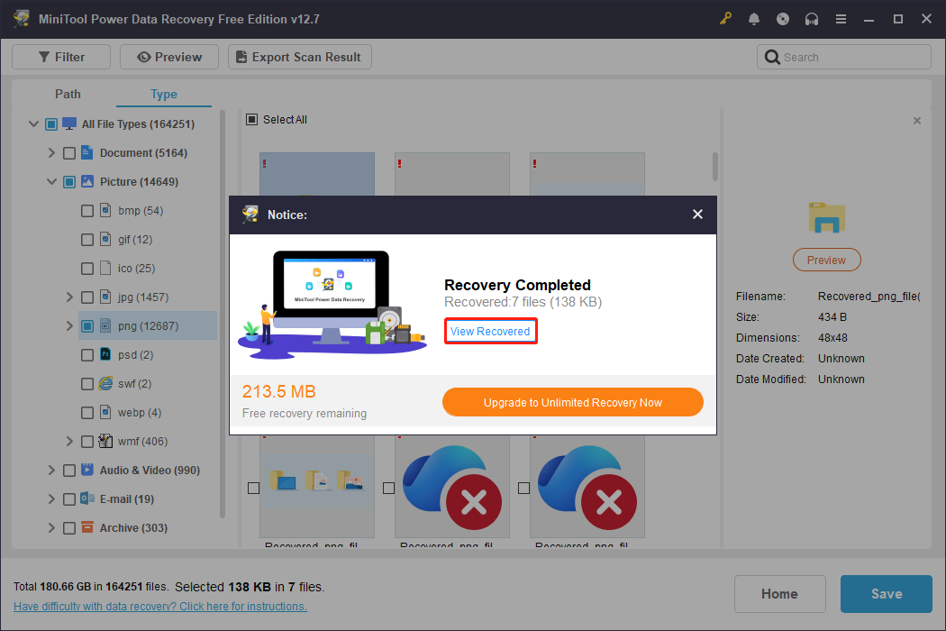 A Recovery Completed window with the View Recovered button selected embedded in the MiniTool Power Data Recovery interface.