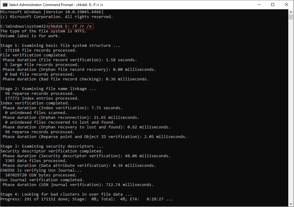 The CMD interface with the CHDKSK command running to scan and repair file system errors on the drive.