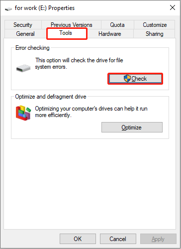 The disk properties interface with the Check button selected under the Tools tab.