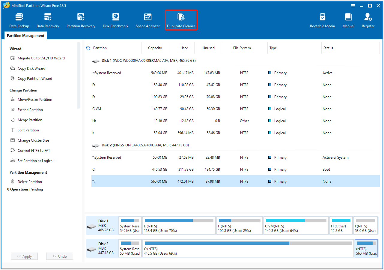 Duplicate Cleaner is highlighted on the top toolbar of the MiniTool Partition Wizard interface.