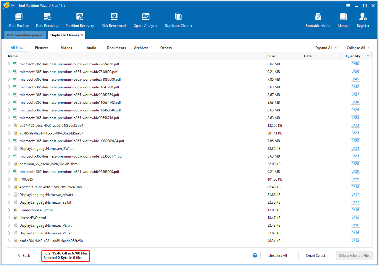 MiniTool Partition Wizard interface with scan duplicate files results in the bottom left corner.