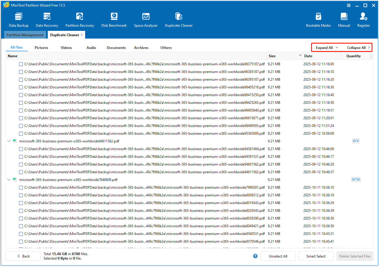 The Expand All and Collapse All option in the upper-right corner of the MiniTool Partition Wizard interface.
