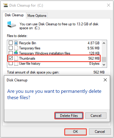 The Disk Cleanup interface that asks if you are sure to permanently delete the thumbnails cache.