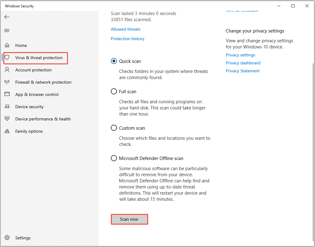 The Virus threat protection interface selected from Windows Security to choose a scan option to scan for malware.