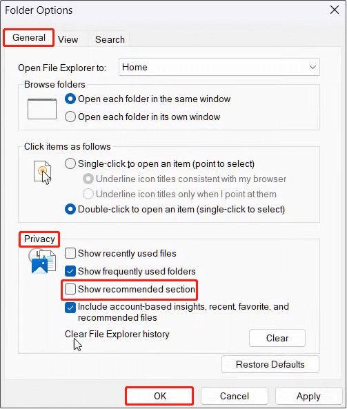 Show recommended section option unchecked in the Privacy section under the General tab of the Folder Options window.