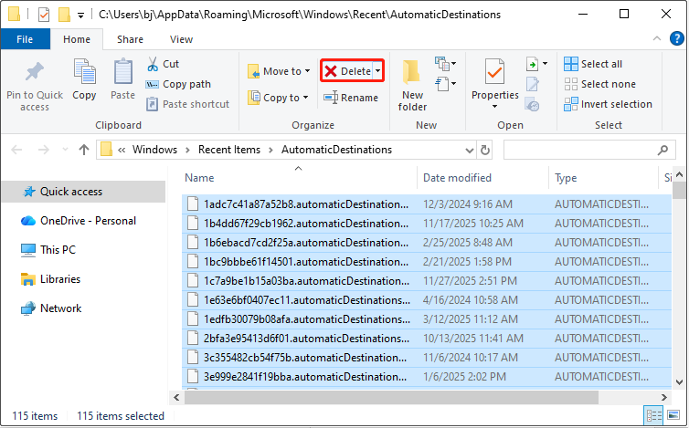 The screenshot showing all the Quick access cache files with the Delete button selected to delete all cache files.