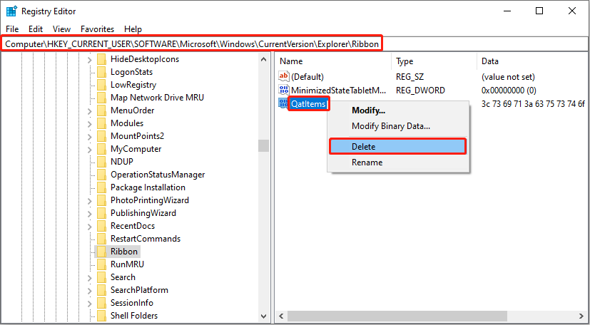 Registry Editor interface showing the Ribbon path with the Qatltems registry and the Delete option selected.