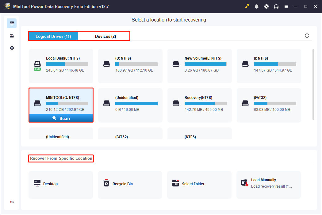MiniTool Power Data Recovery interface showing all the partitions with the target scan location and the Scan icon selected.
