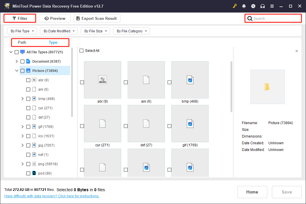 MiniTool Power Data Recovery interface showing the Path, Type, Filter, and Search features to locate the target files.