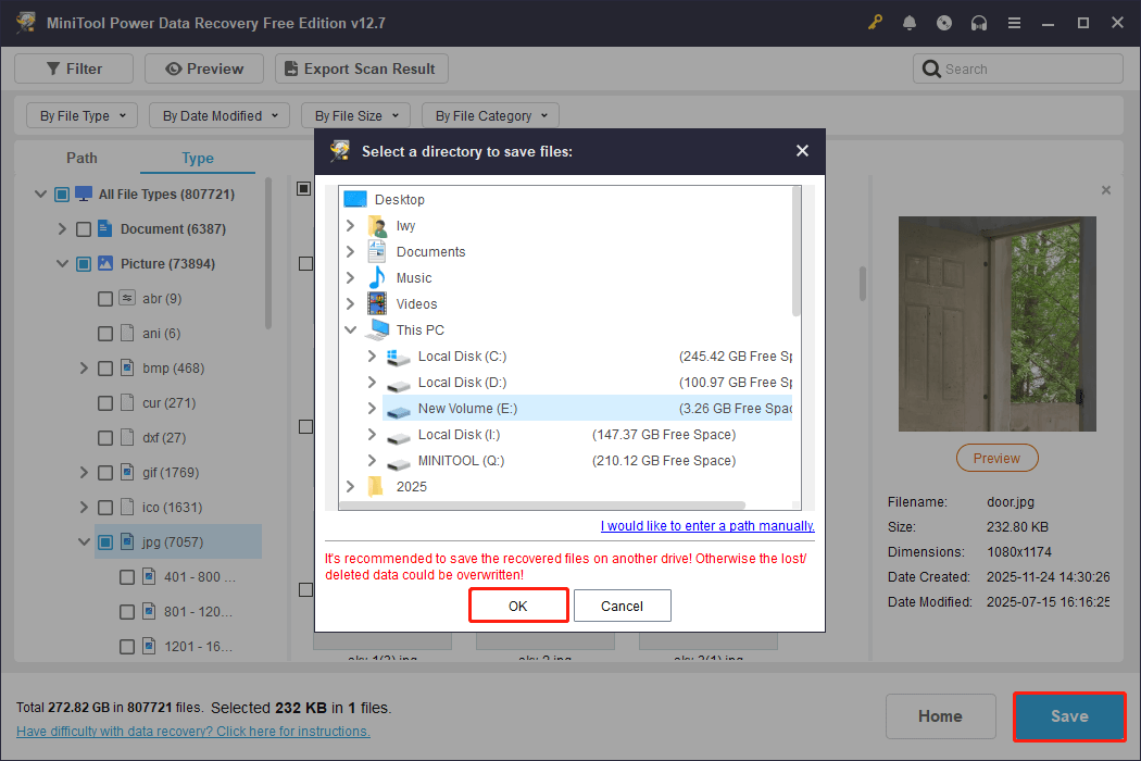 MiniTool Power Data Recovery interface with the Save button selected, showing a list of locations to save files.