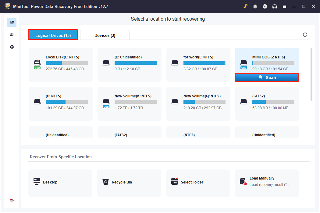 MiniTool Power Data Recovery interface showing a list of drives with the target drive and the Scan icon highlighted.