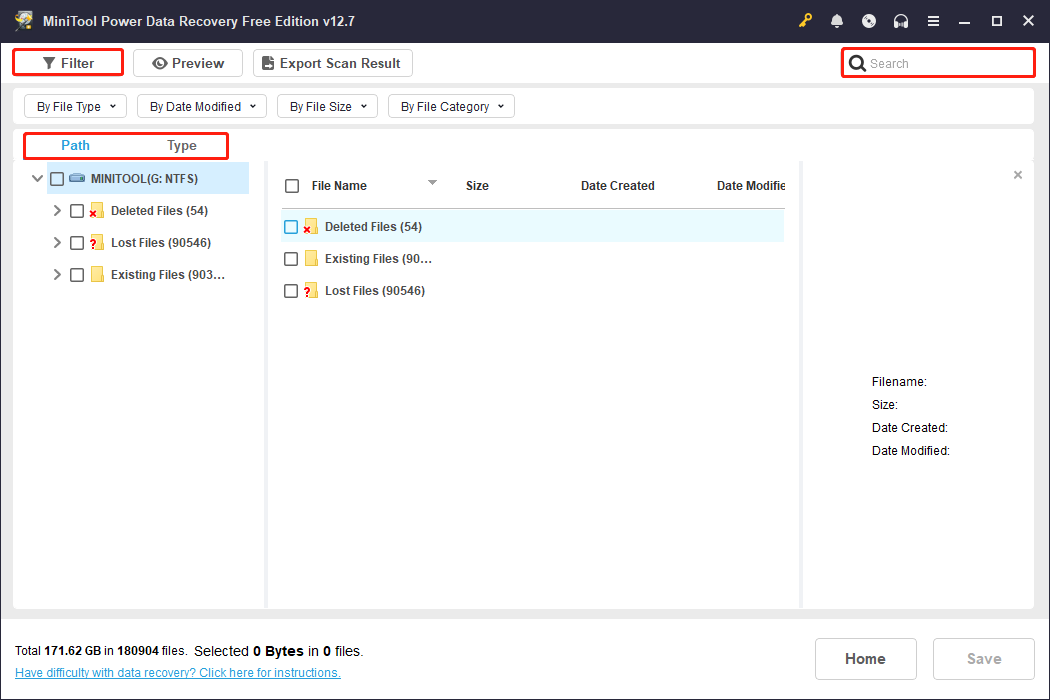 The scan results page of MiniTool Power Data Recovery with Path, Type, Filter, and Search selected to find files.