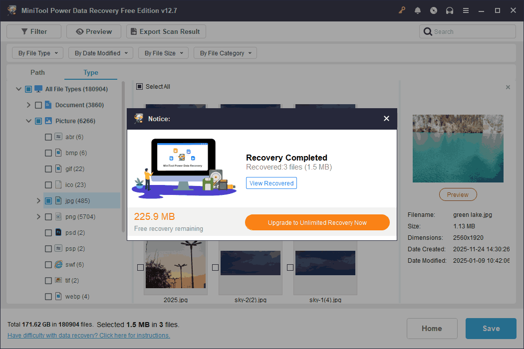 The Recovery Completed window on MiniTool Power Data Recovery interface showing the size of the recovered files.