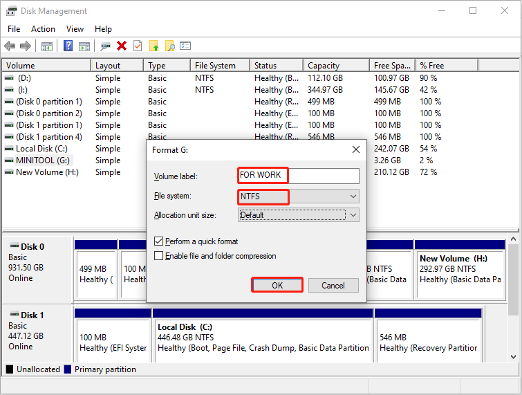 The Disk Management interface with a new volume label and file system showing how to format the drive.