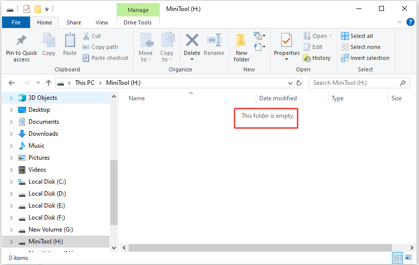 The File Explorer interface displaying the external hard drive’s folder with the This folder is empty message.