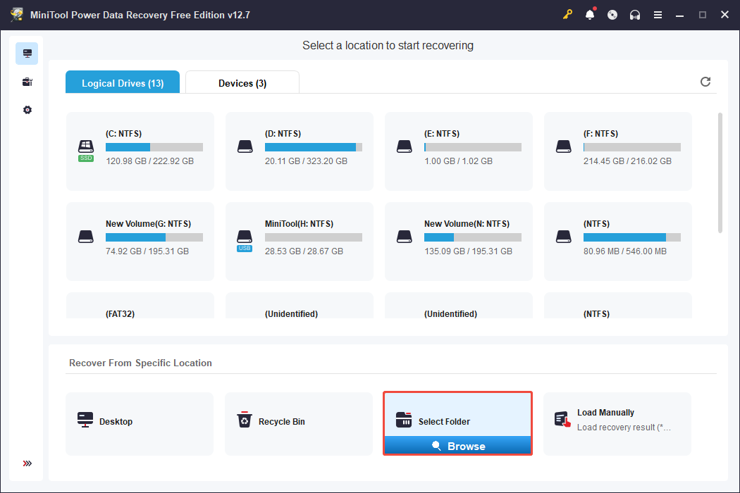 The main interface of MiniTool Power Data Recovery with the Select Folder and Browse icons selected.