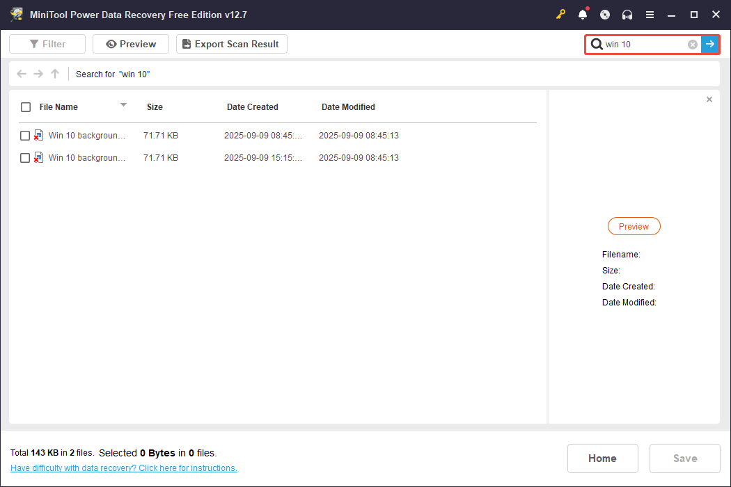 MiniTool Power Data Recovery interface showing the search results for the file name called win 10.