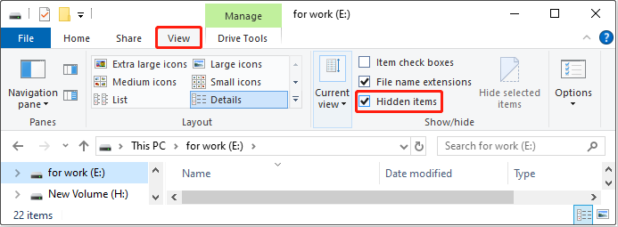 File Explorer interface with the Hidden items option selected under the View tab in the top toolbar.