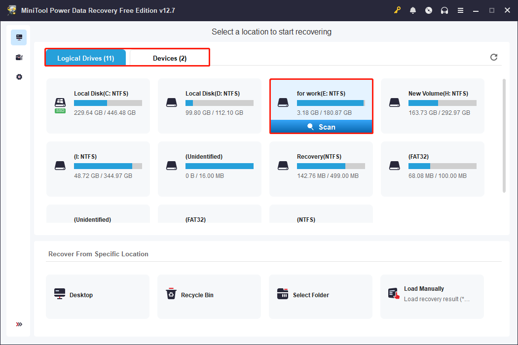 The Logical Drives tab in MiniTool Power Data Recovery page showing all partitions, with a drive selected and Scan highlighted.