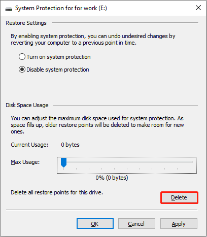 The System Protection for Local Disk interface with the Delete button selected to delete all restore points for this drive.