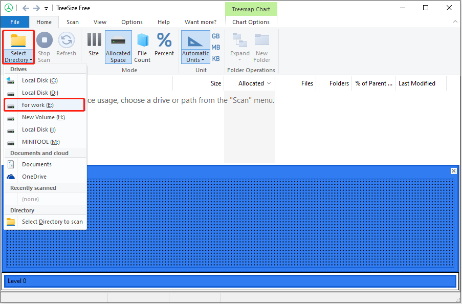 The TreeSize interface with the Select Directory tab selected, showing a lot of drives to choose a target one to analyze.