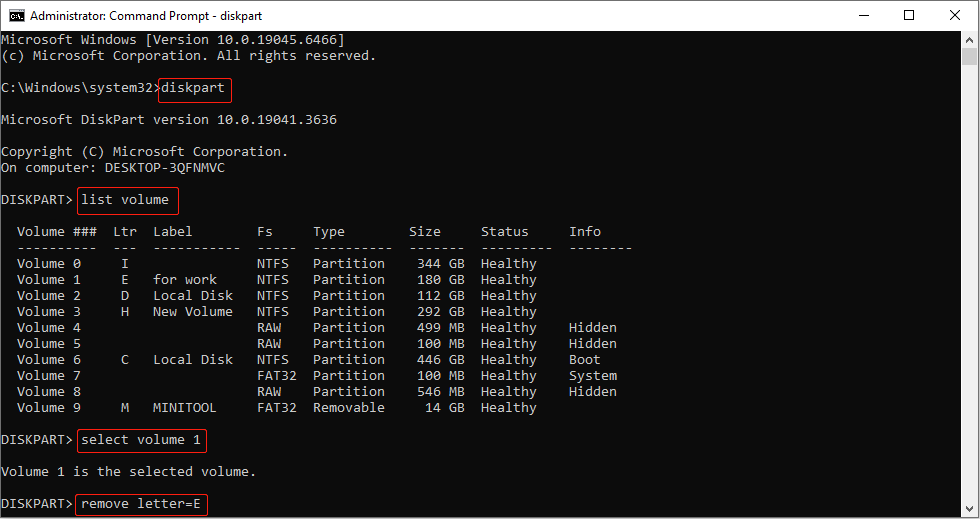 The Command Prompt interface with DiskPart opened, showing how to remove the drive letter from the target disk.
