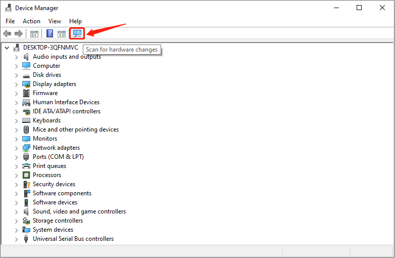 Device Manager interface with the Scan for hardware changes icon selected to detect currently connected hard drives.