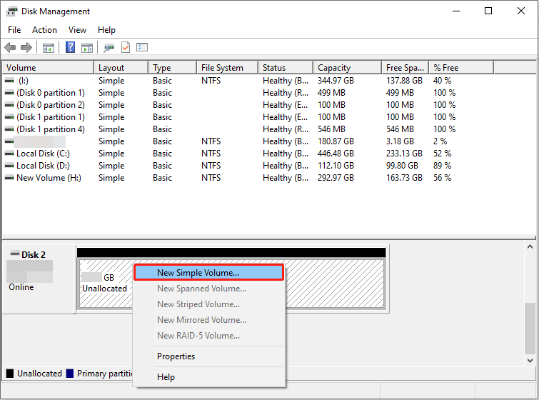 Disk Management interface with the target disk and the New Simple Volume option selected to create a new partition.
