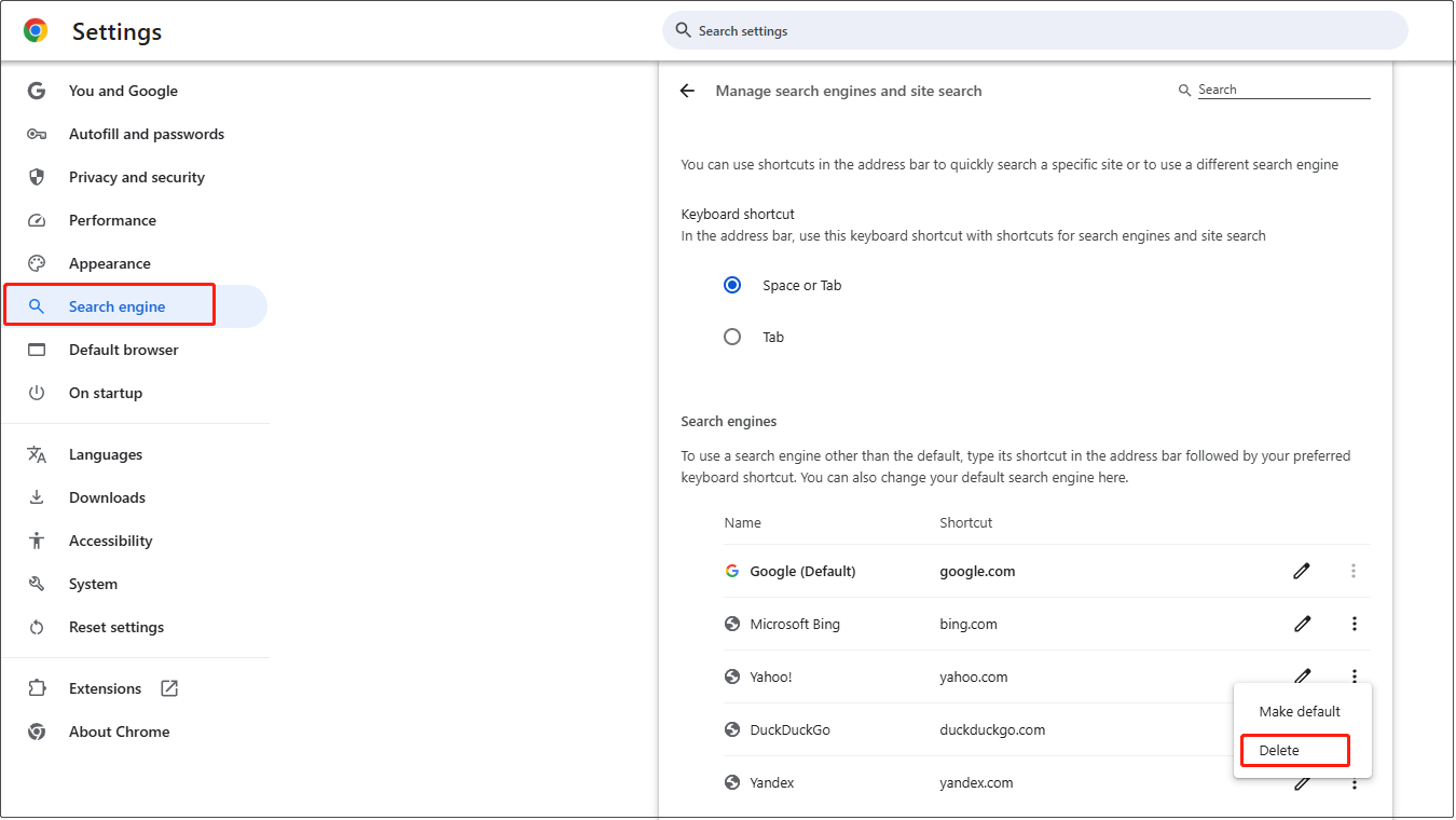 The Google settings interface showing a list of search engines with the Delete option selected.