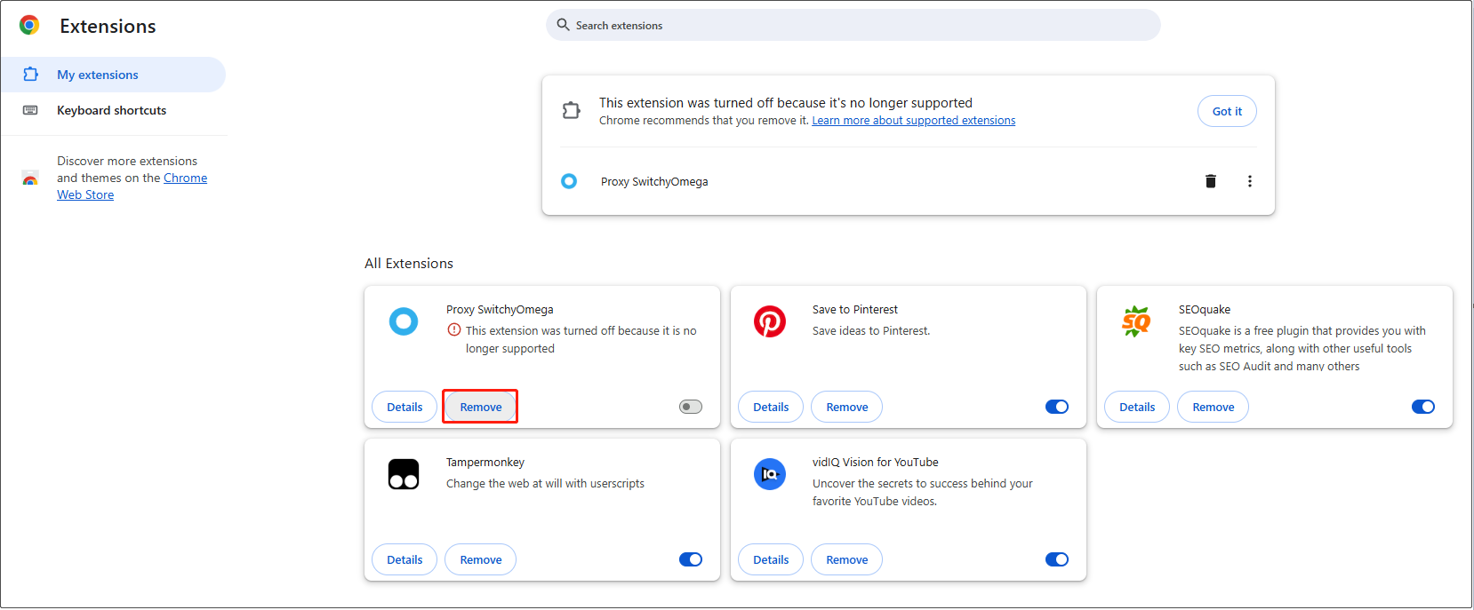 The Google Settings interface displaying all extensions with a Remove button selected.