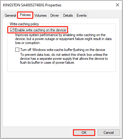 The disk properties window opens to the Policies tab, with the Enable write caching on the device option checked.