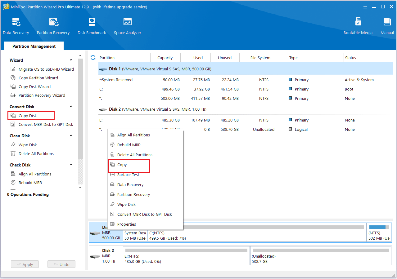 Cliquez sur la fonction Copier dans MiniTool Partition Wizard