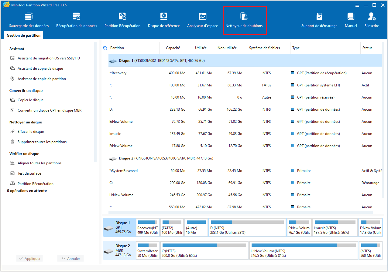 Le Nettoyeur de doublons est mis en surbrillance dans la barre d'outils supérieure de l'interface de MiniTool Partition Wizard.