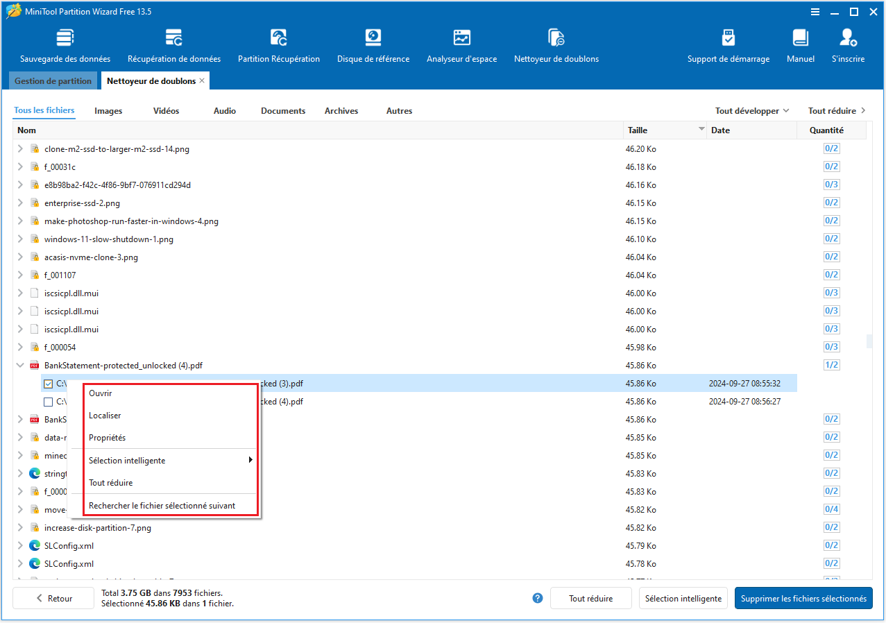 L'option Contenu/Emplacement/Propriétés du fichier appara?t lorsque vous faites un clic droit sur le fichier dans l'interface MiniTool Partition Wizard.