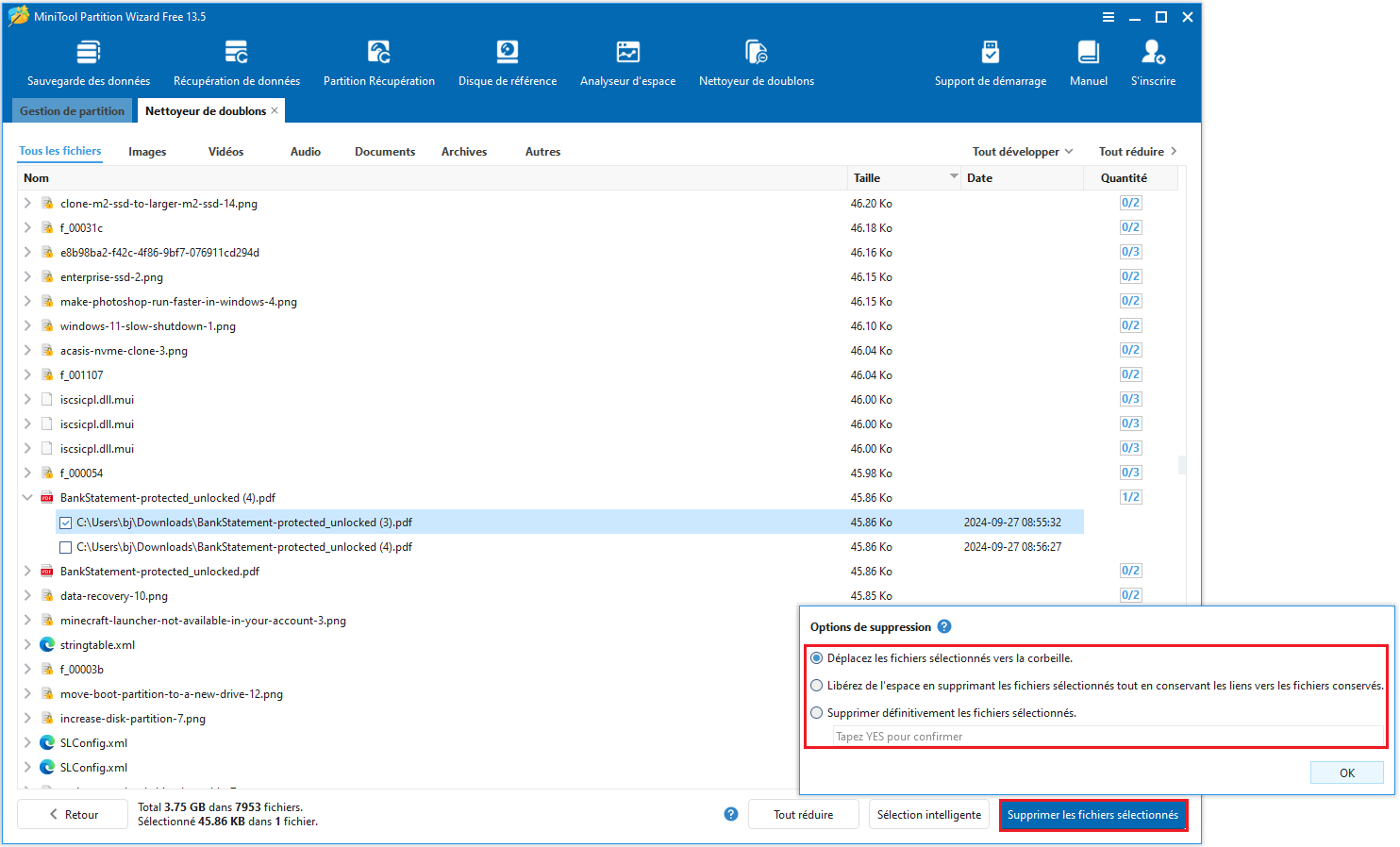 Le bouton Supprimer les fichiers sélectionnés dans le coin inférieur droit de l'interface MiniTool Partition Wizard.