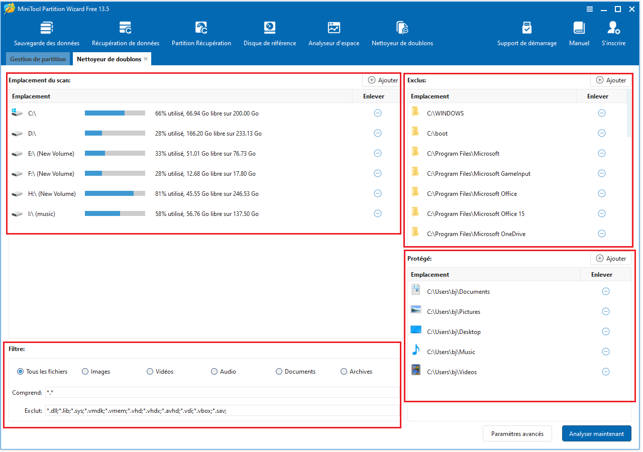 Interface principale des paramètres d'analyse de MiniTool Partition Wizard.