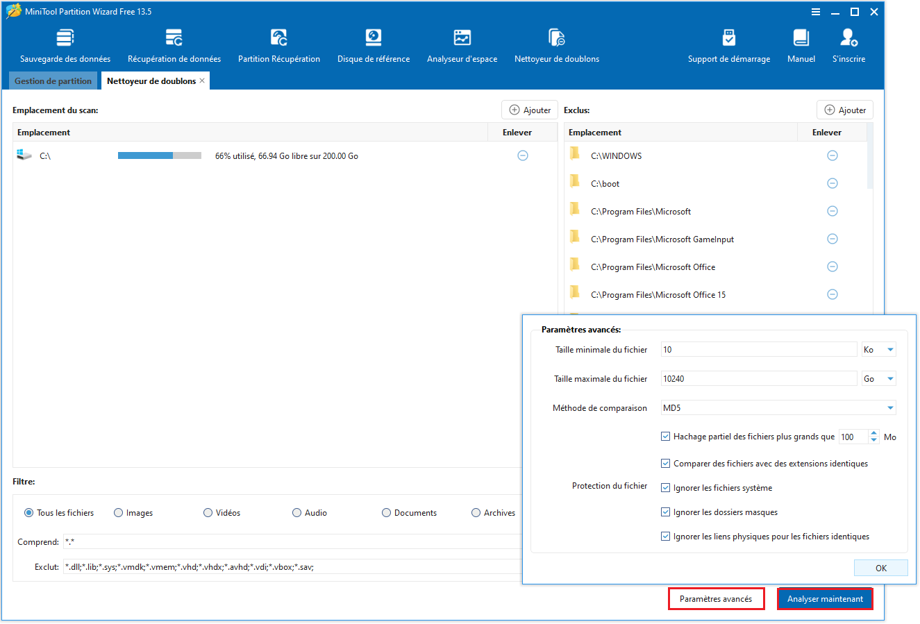 Les Paramètres avancés et le bouton Analyser maintenant dans le coin inférieur droit de l'interface MiniTool Partition Wizard.
