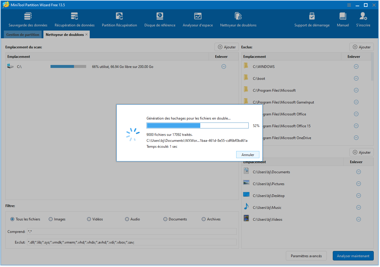 L'interface MiniTool Partition Wizard avec le Nettoyeur de doublons génère des hachages pour les fichiers doublons.