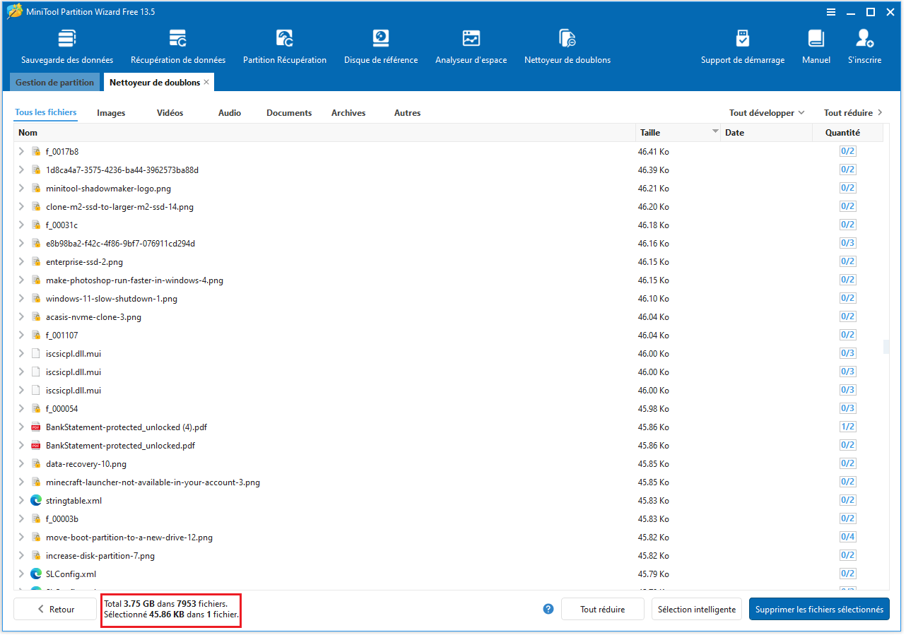 Interface MiniTool Partition Wizard avec les résultats de l'analyse des fichiers doublons dans le coin inférieur gauche.