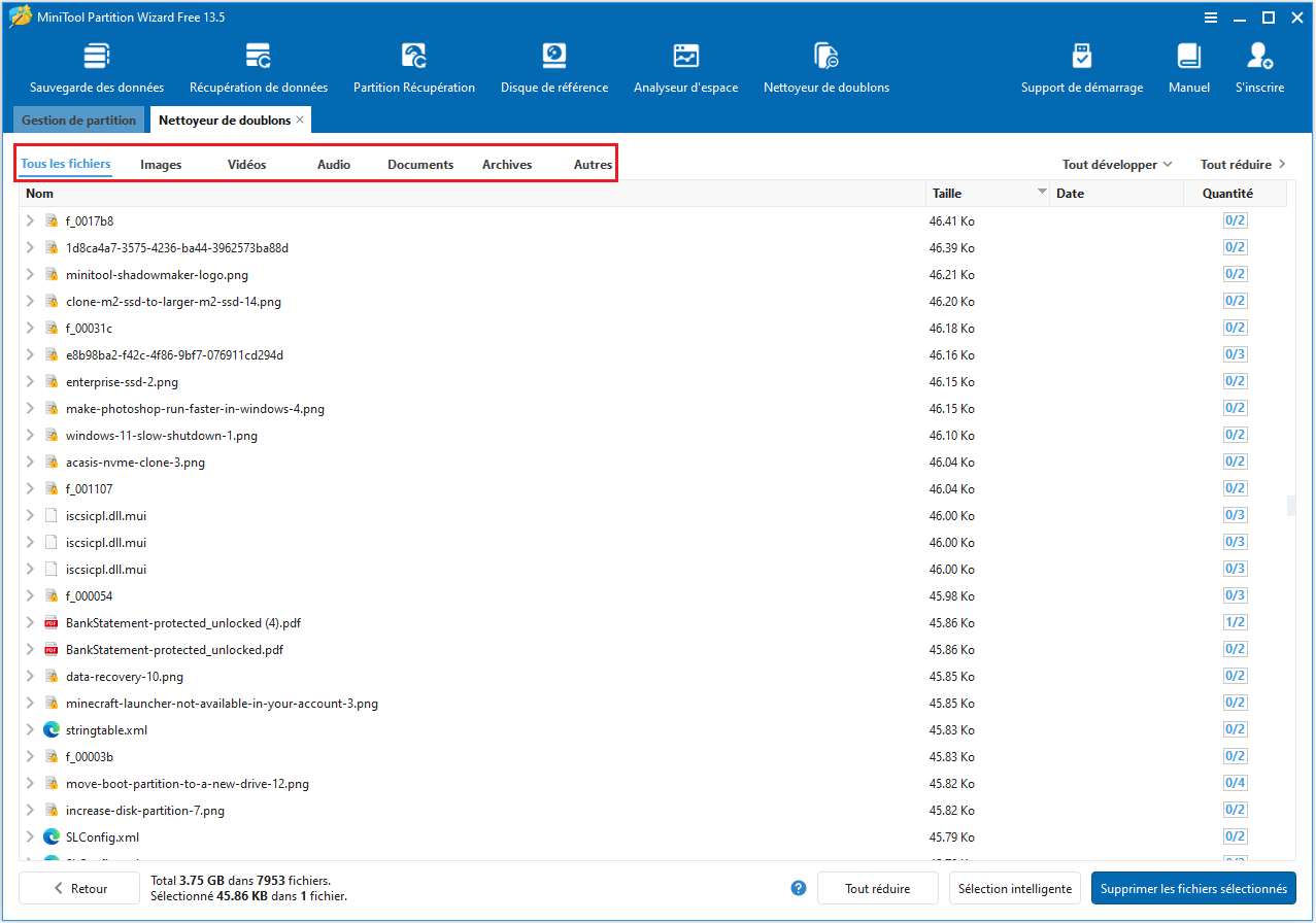 Interface MiniTool Partition Wizard avec filtrage des résultats en double par type de fichier en haut des résultats.