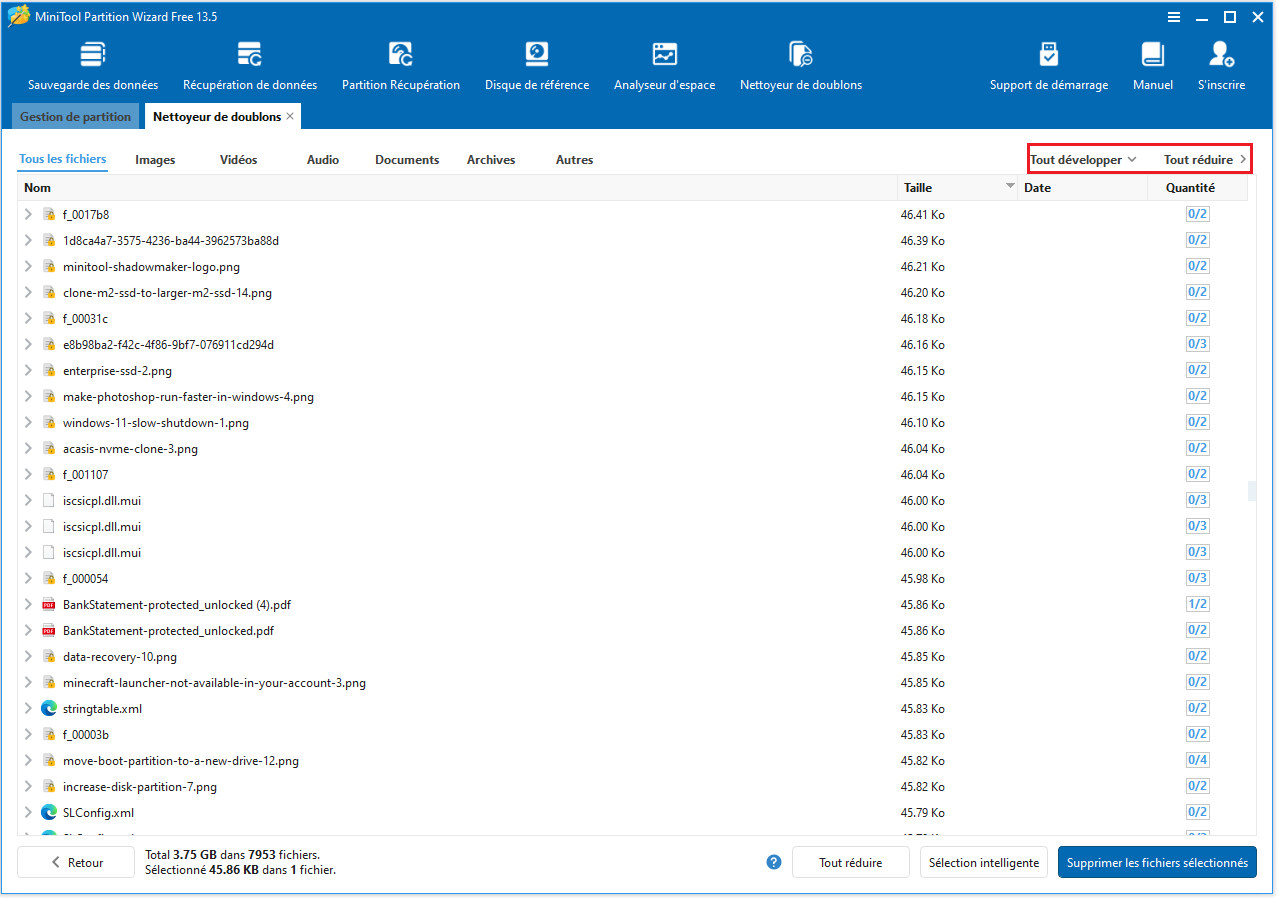 L'option Tout développer et Tout réduire dans le coin supérieur droit de l'interface MiniTool Partition Wizard.