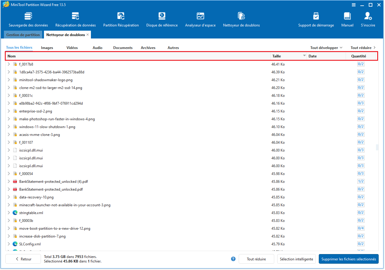 Interface MiniTool Partition Wizard avec l'option Nom/Taille/Quantité en haut des résultats.