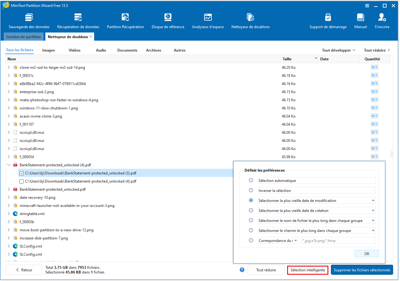 L'option Sélection intelligente dans le coin inférieur droit de l'interface MiniTool Partition Wizard.