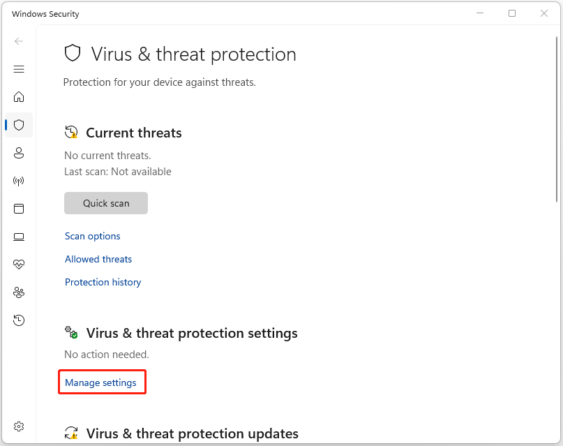 The Virus and threat protection page with selected Manage settings.