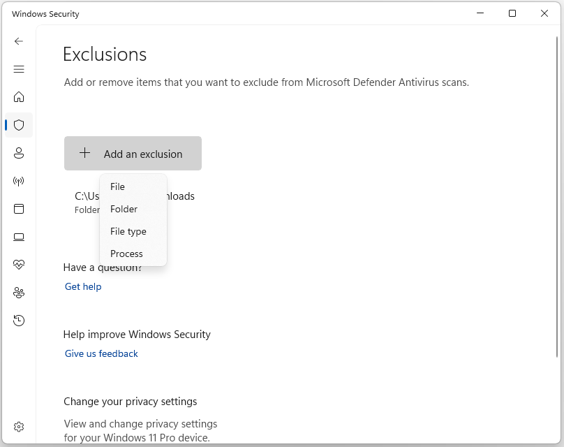 The Exclusions page of Windows Security with expanded Add an exclusion menu.