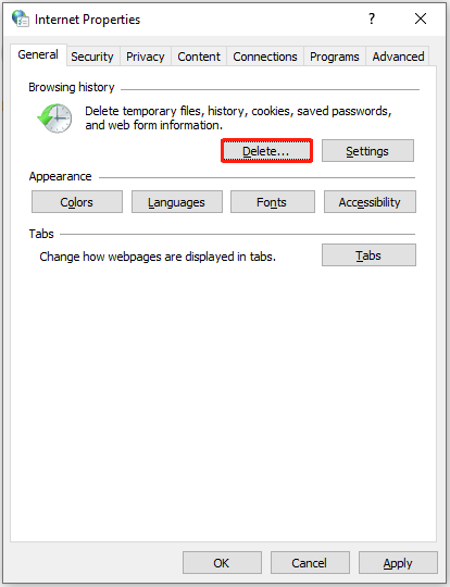 The interface of Internet Properties with selected Delete.