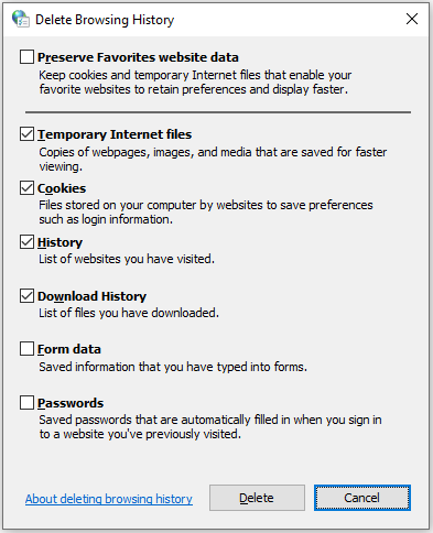 The interface of Delete Browsing History.