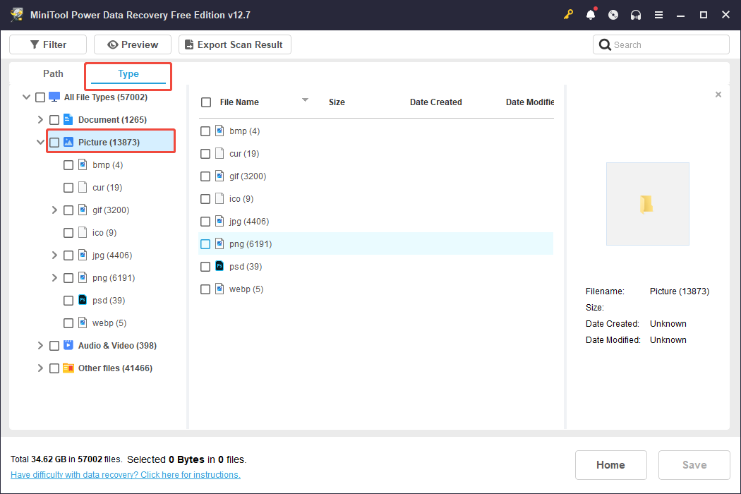 The Type interface of MiniTool Power Data Recovery showing the detected file classified by file formats.